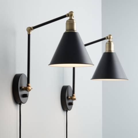 Wray Black and Antique Brass Plug-In Wall Lamp Set of 2