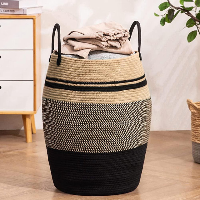 105L Extra Large Laundry Hamper Basket by Fiona's magic, Woven Tall Clothes Hamper for Storage Blanket, Toys and Dirty Cothes in Bedroom and Living Room Organizer, Brown & Black