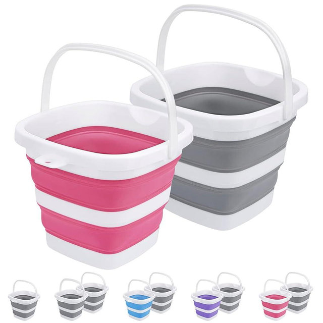 2 Pack Collapsible Buckets 5L 1.3Gallon Small Cleaning Bucket for Household Portable Plastic Bucket Outdoor Car Washing Tub Foldable Camping Beach Sand Water Pot Pail Space Saving Square Grey and Pink