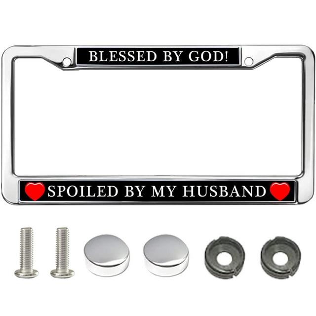 Jesus Inspirational Quotes Car Tag Frame Blessed by God Spoiled by My Husband with Heart License Plate Holder for Woman 2 Holes