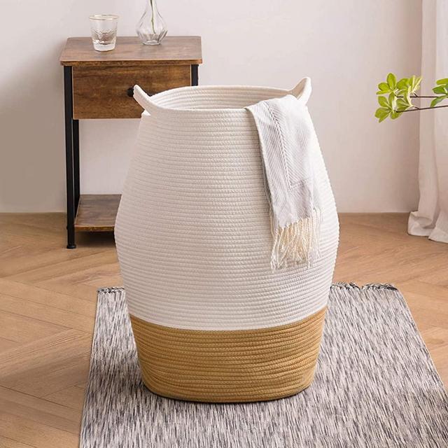YOUDENOVA 105L Xl Large Woven Laundry Hamper Basket, 25.6” Tall Cotton Rope Basket with Handles for Clothes & Blankets & Toys in Living Room, White & Jute