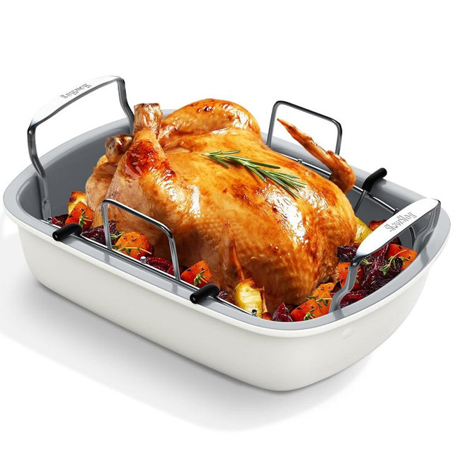 Nonstick Turkey Roasting Pan with Rack, 17 x 13 Inch Turkey Pan, large roaster pan for Meat & Vegetable, White