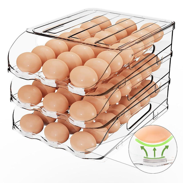 SMRCAD Egg Holder for Fridge, Automatic Steady Rolling Egg Dispenser with Silicone Bumpers & Handle for Refrigerator, Large Capacity Egg Organizer with Lid
