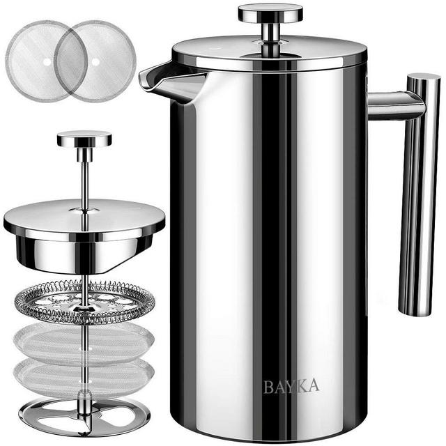 BAYKA French Press Coffee Maker, Stainless Steel 50oz Double-Wall Metal Insulated Coffee Tea Makers with 4 Level Filtration System, Rust-Free, Dishwasher Safe