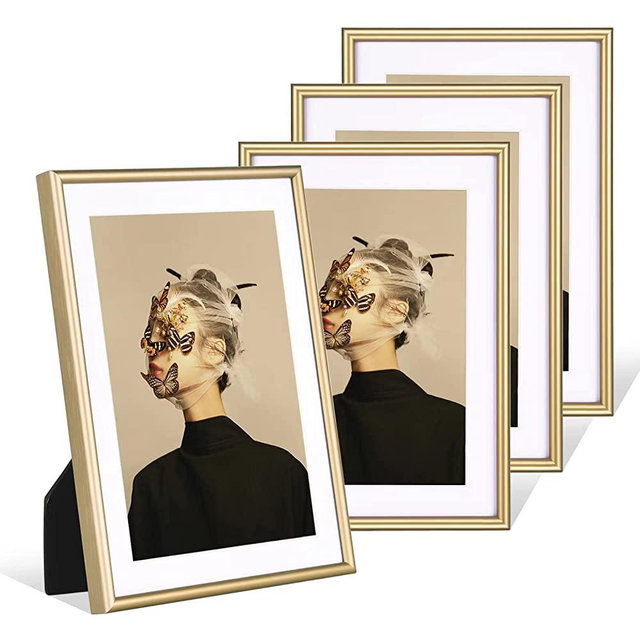 Fkvat 5x7 Picture Frame Set of 4, Brushed Brass Simple Modern Thin Aluminum Metal Photo Frame Fits 3x5 and 4x6 with Mat or 5x7 without Mat Photo. Display for Tabletop or Wall Collage. (Horizontal & Vertical).