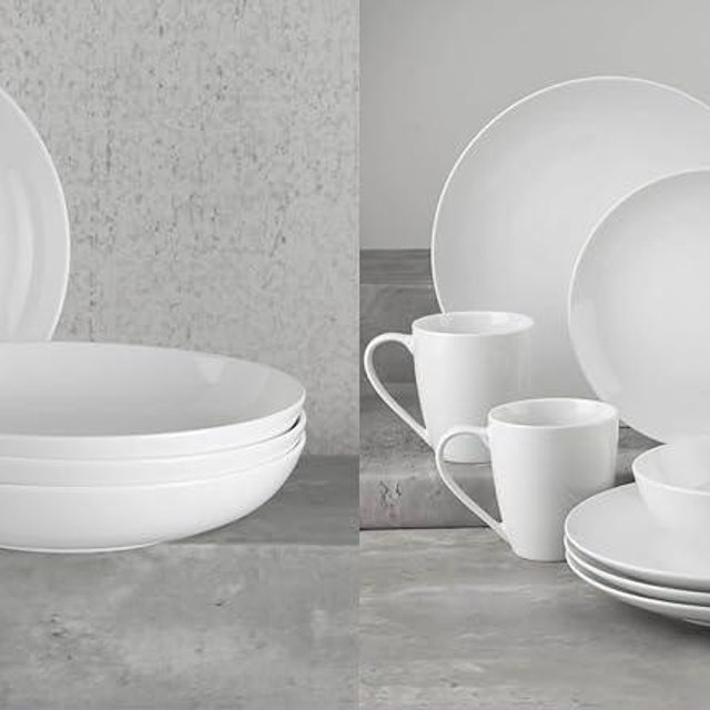 Euro Ceramica Essential Collection Fine Porcelain Classic Coupe 20-Piece Dinnerware and Serveware,4 Pieces 9-Inch Meal Bowl Included, Service for 4, Classic White