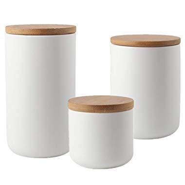 OnePine Set of 3 Air Tight Jars Ceramic Storage Containers with Airtight Seal Bamboo Lids Kitchen Canisters for Tea Sugar Coffee Spice Seasoning and More