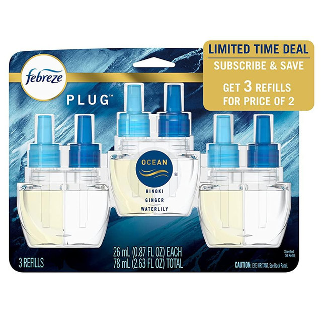 Febreze Plug in Air Fresheners, Ocean, Odor Eliminator for Strong Odors, Scented Oil Refill (3 Count)