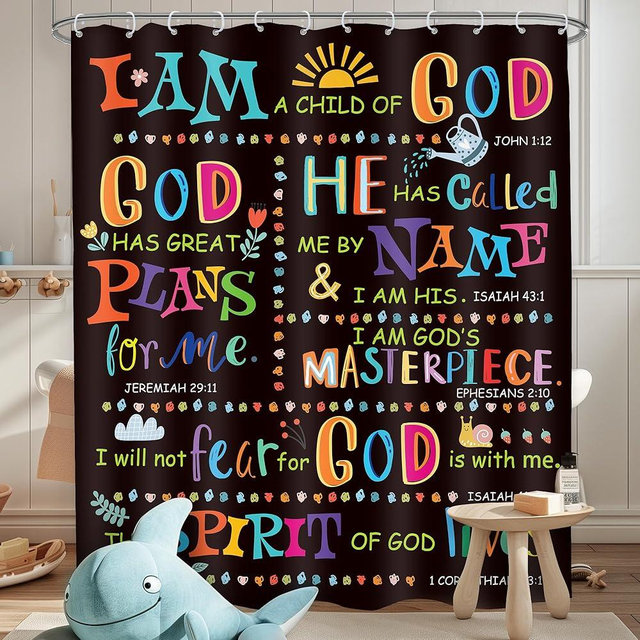 LGhtyro Kids Bible Verse Christian Shower Curtain Bathroom Set 60Wx71H Inches Scripture Inspirational Motivational Positive Quotes Bath Accessories Colorful Art Home Decor Fabric 12 Pack Hooks