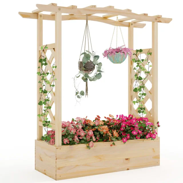 Costway Wooden Raised Garden Bed w/ Trellis & Hanging Roof Planter Box Drainage System