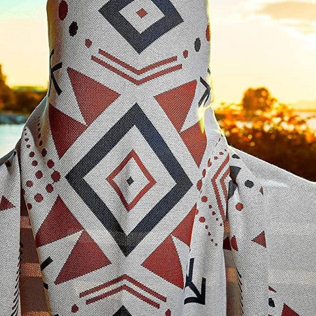 Deluxe Mexican Aztec Boho Throw Blanket - 100% Organic Cotton - Southwestern Native Style Multifunctional Use it for Home Decor, Bedroom, Couch, Camping, Poncho or falsa Handmade Fringes, Soft & Cozy