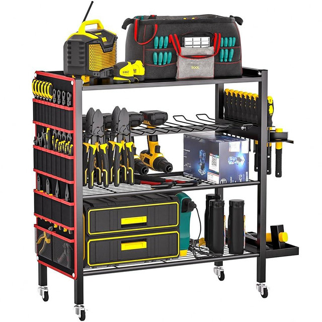 Ultrawall Power Tool Organizer Cart, 4-Tier Rolling Tool Storage Stand with Wheels, Garage Floor Tool Holder with Side Storage Pockets, Gift for Men