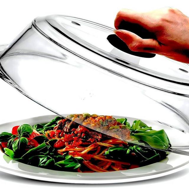 Tall Microwave glass plate splatter cover | Sturdy clear 100% food safe BPA free glass lid with easy grip silicone handle | Dishwasher safe for easy cleaning - 10.5in