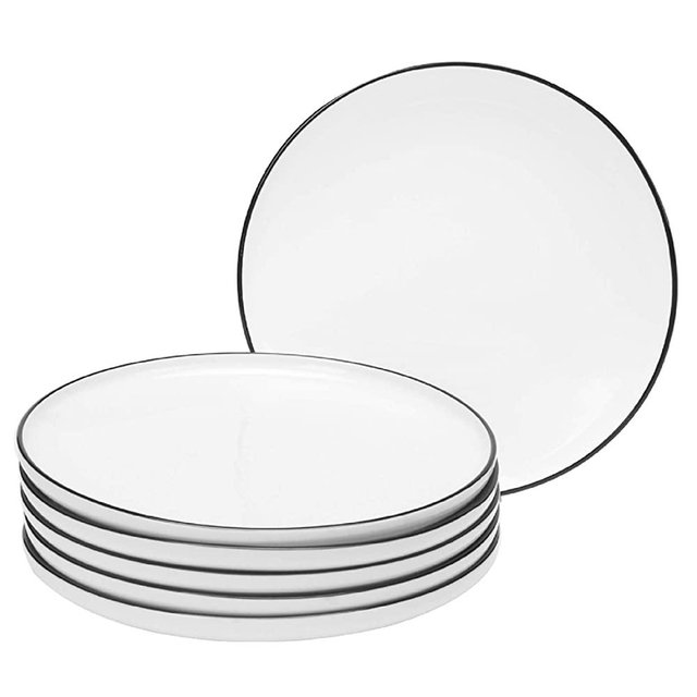 BonNoces 10 Inch Porcelain Dinner Plate, Elegant White with Black Edges Design, Classic Round Serving Plate Set for Steak, Pasta, and Salad, Set of 6