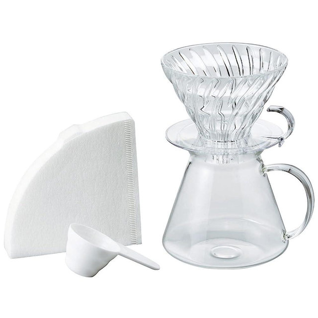 Hario "Simply Glass V60 Pour Over Set with Glass Server, Scoop and Filters, Size 02, Clear