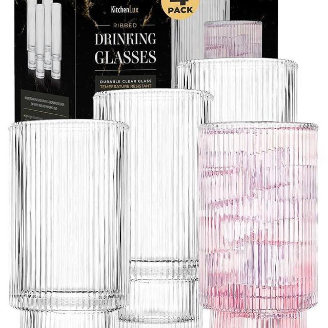 Kitchen Lux Ribbed Drinking Glasses - Ribbed Glass Cups 12 oz - Ribbed Glassware Set of 4 - Textured Vintage Retro Ripple Aesthetic Glass Ware for Whiskey Cocktail Beer Water, Coffee Bar Accessories