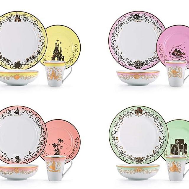 Robe Factory LLC Disney Princess 16-Piece Ceramic Dinnerware Set Collection 3 | Featuring Merida, Moana, Pocahontas, and Snow White