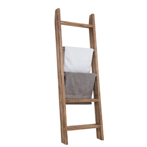 MyGift 4ft Tall Rustic Burnt Natural Wood Wall Leaning Blanket Ladder Shelf with 5 Rungs, Decorative Living Room Throw and Quilt Holder, Farmhouse Bedroom Decor