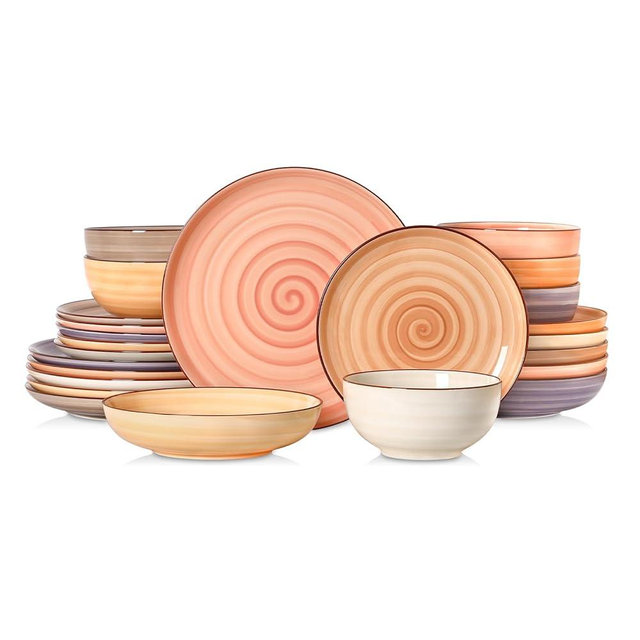 Selamica Ceramic Plates and Bowls Sets,24 Pieces Dinnerware Sets for 6,Scratch Resistant Dish Set for holiday gathering,Dishwasher & Microwave Safe, Maillard