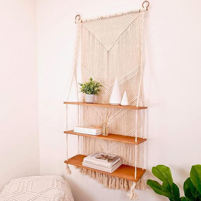 31Mod Macrame Wall Hanging Shelf with Enhanced Solid Wood Shelves and Handmade Macrame to Organize Plants and Decor — 3 Tier Macrame Shelf Wall Hanging for Kitchen, Bathroom, Home Storage (Large)