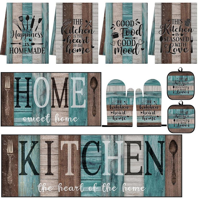 Nesphy 10 Pcs Turquoise Teal Kitchen Decor and Accessories Set, 4 Dish Towels Kitchen Rugs 2 Oven Mitts 2 Pot Holders, Home Decor for Cooking Baking BBQ Gifts Women Mom Housewarming