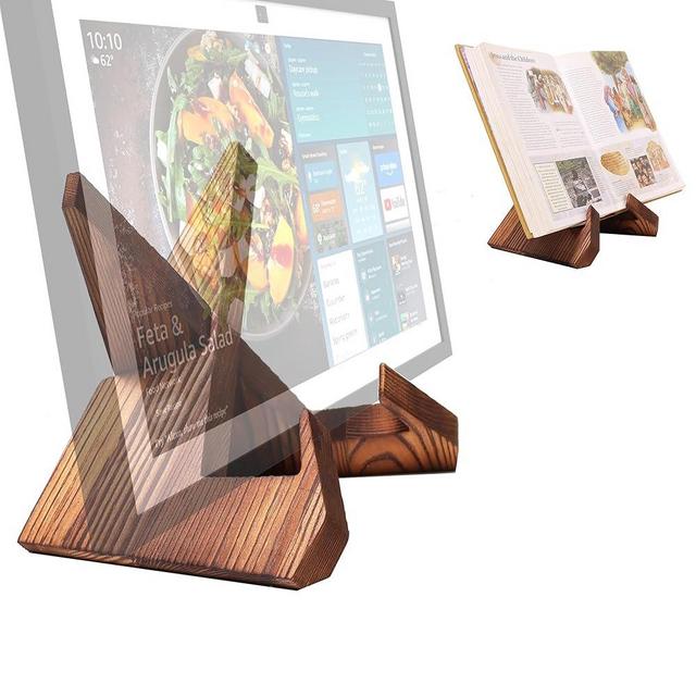HOOKMEMO Solid Wood Tablet Computer Stands Compatible for Echo Show 15,Echo Show 21,Support Both Horizontal and Vertical Modes.and Suitable for Cookbook Stand Holder Display. (Dark Brown)