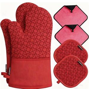 Oven Mitts and Pot Holders Sets 6pcs, Kitchen Oven Glove,High Heat Resistant 550 Degree Extra Long Oven Mitts and Potholders with Non-Slip Silicone Surface for Home Essentials (Grey) (Coral Red)