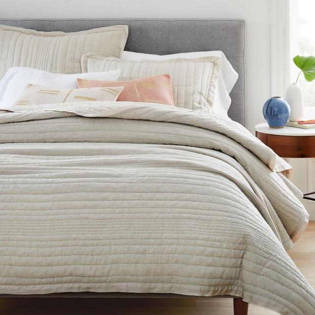 Belgian Flax Linen Linework Quilt, King/Cal. King, Natural Flax