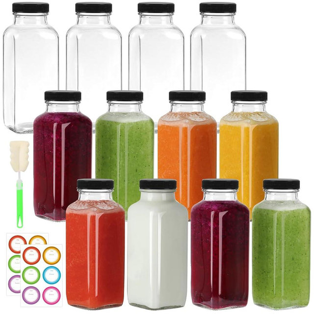 CAKKVDE 12 oz Glass Juice Bottles with Lids 12 Pack,Reusable Glass Drink Bottles,350ml Water Drinking Jars for Milk,Juicing,Kombucha,Ginger,Beverage Glassware,Juice Drinking Jars
