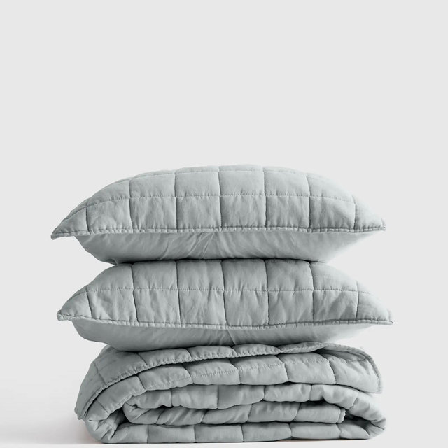 Quince European Linen Box Quilt Set - Mist, King/Cal King