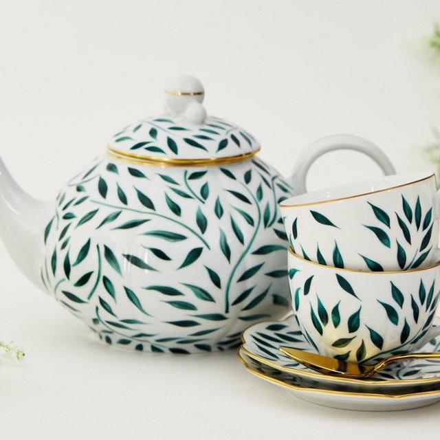 SPRING LEAVES GREEN TEACUP & TEAPOT - SET