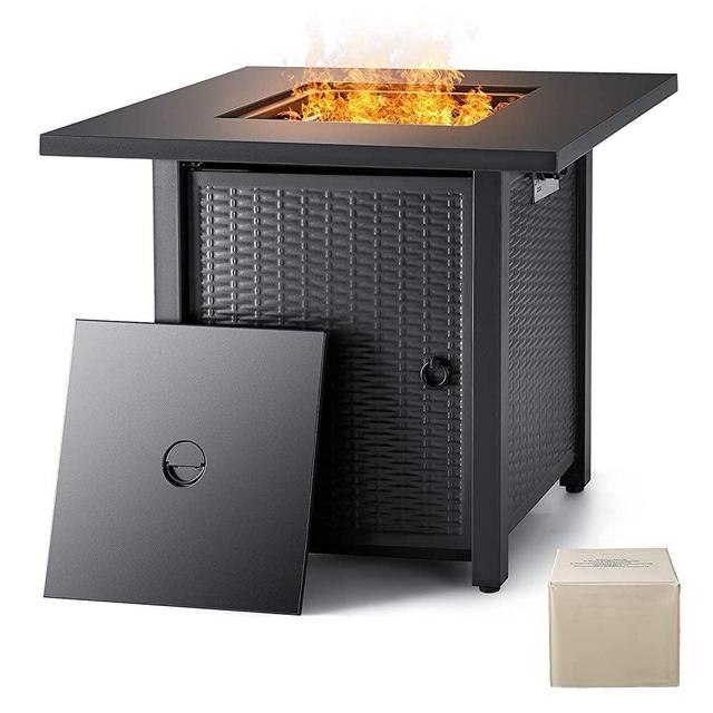 Devoko 28 inch Outdoor Gas Fire Pit Table 40,000 BTU Patio Propane Fire Pit with Lid and Lava Rock, Black