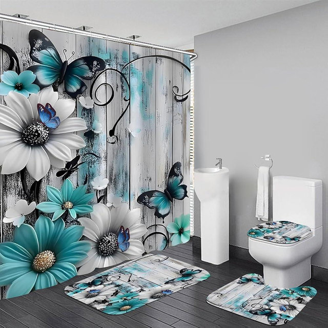 AZHM Relief Daisies and Butterflies Shower Curtain Set 4pcs Rustic Farmhouse Bathroom Decor Set with Shower Curtain and Rugs and Accessories