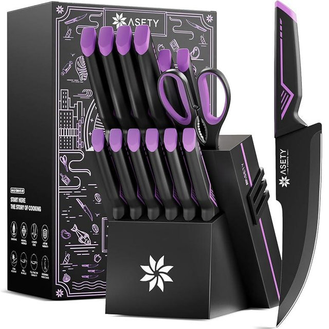 Knife Set - 15 PCS Kitchen Knife Set with Built-in Knife Sharpener Block - Stainless Steel Knife Block Set - Dishwasher Safe Mordern Knife Set, Elegant Box for Men Women