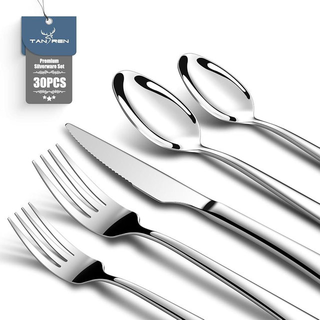 TAN REN Silverware Set for 6, 30-Piece Stainless Steel Flatware Sets, Heavy Duty Forks and Spoons Silverware Set with Dinner Knives, Mirror Polished Cutlery Sets, Dishwasher Safe Kitchen Utensils