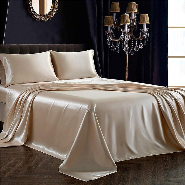SiinvdaBZX 4Pcs Satin Sheet Set Full Size Ultra Silky Soft Beige Satin Full Bed Sheets with Deep Pocket, 1 Fitted Sheet, 1 Flat Sheet, 2 Envelope Closure Pillowcases