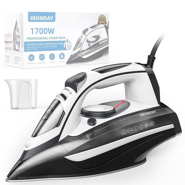 IRONDAY Steam Iron for Clothes 20s Fast Heat-up,1700W Iron with 14.07oz Large Water Tank,Non-Stick Ceramic Soleplate, Anti-Drip, Auto-Off, Burst Steam, Self-Cleaning, Ironing Clothes for Home, Grey