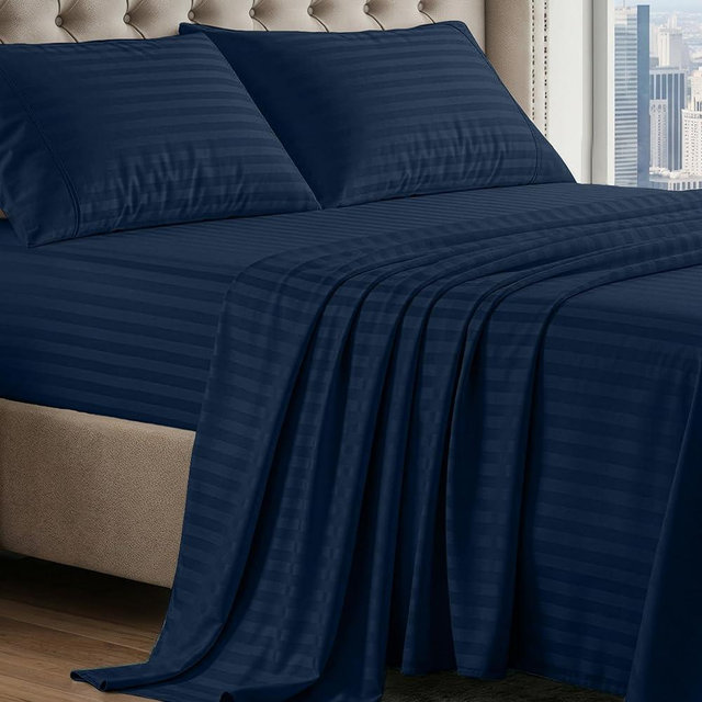 LANE LINEN 100% Egyptian Cotton Queen Sheet Set,15 inch Deep Pocket Fully Elasticized French Reinforced Pocket Seam for Soft, Comfy & Fresh Bed Eco Friendly Cooling Sheets Queen Damask Stripe - Navy