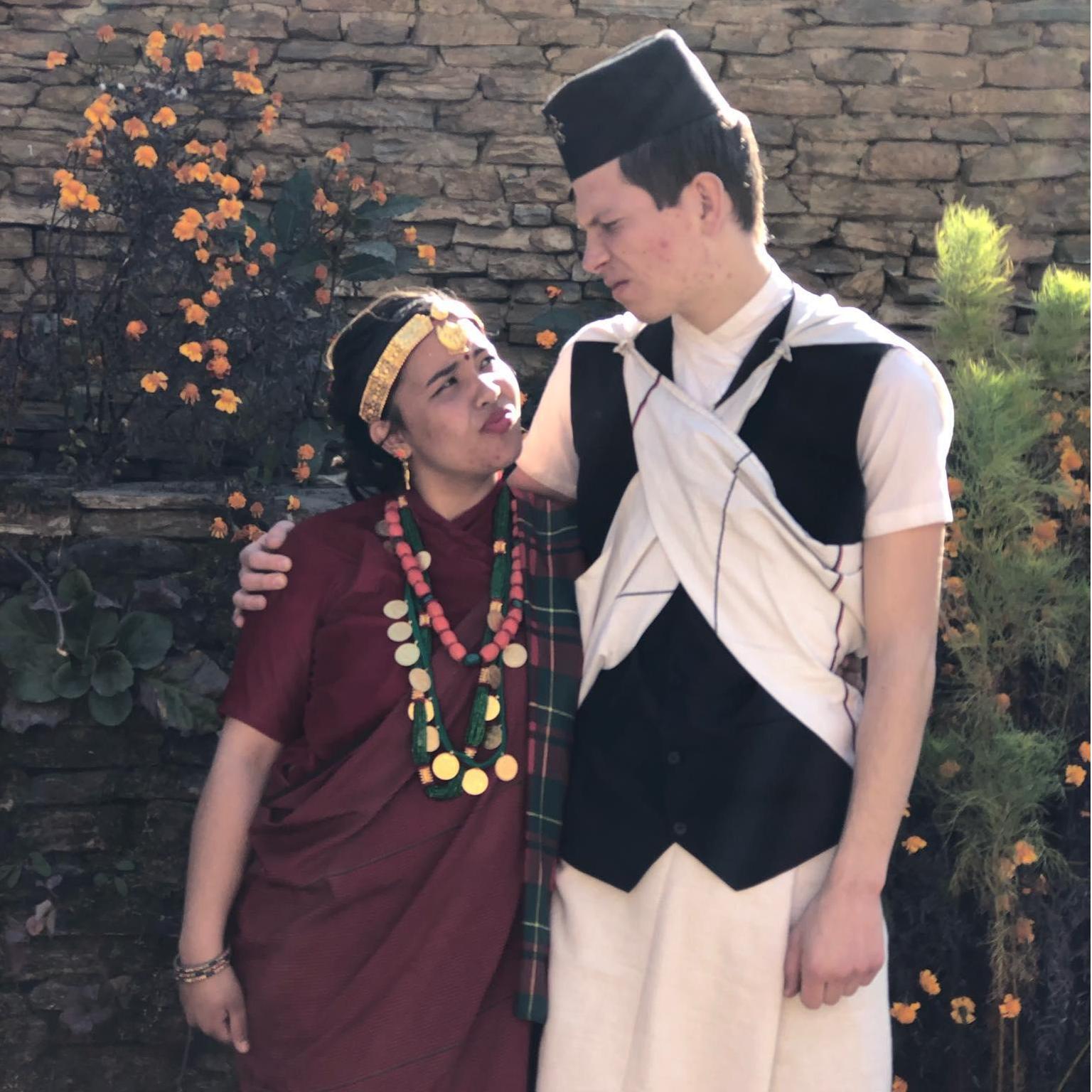 Wearing cultural dress in Ghandruk, Nepal