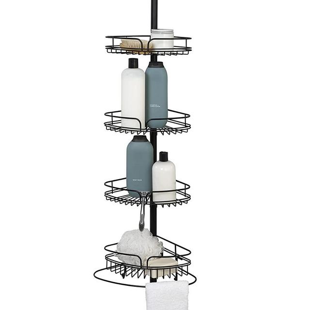 Zenna Home Tension Pole Shower Caddy, 4 Tiers, with Razor Storage, Hooks and Towel Bar, 60" to 97", Matte Black