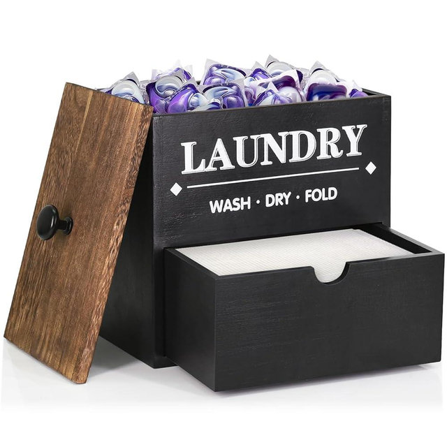 Dryer Sheet Holder with Drawer and Lid, Wood Dryer Sheet Dispenser and Laundry Pods Container for Laundry Room Organization and Storage, Laundry Pod Holder Wall Mount for Laundry Room Decor (Black)