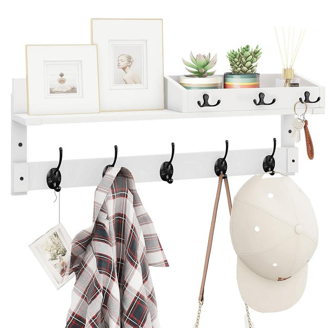 Homode Coat Rack Wall Mount with Hooks and Mail Holder, Entryway Floating Shelf with Key Hooks, Hanging Coat Hanger for Entry, Bathroom, Hallway, Bedroom, White