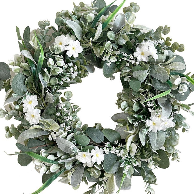 Egolot 24 Inch Spring Everyday Lamb Ear Green Leaves Wreath for Front Door, Artificial Boxwood Leaves White Wild Flower Wreath for Indoor Outdoor, Welcome Wood Sign Flower