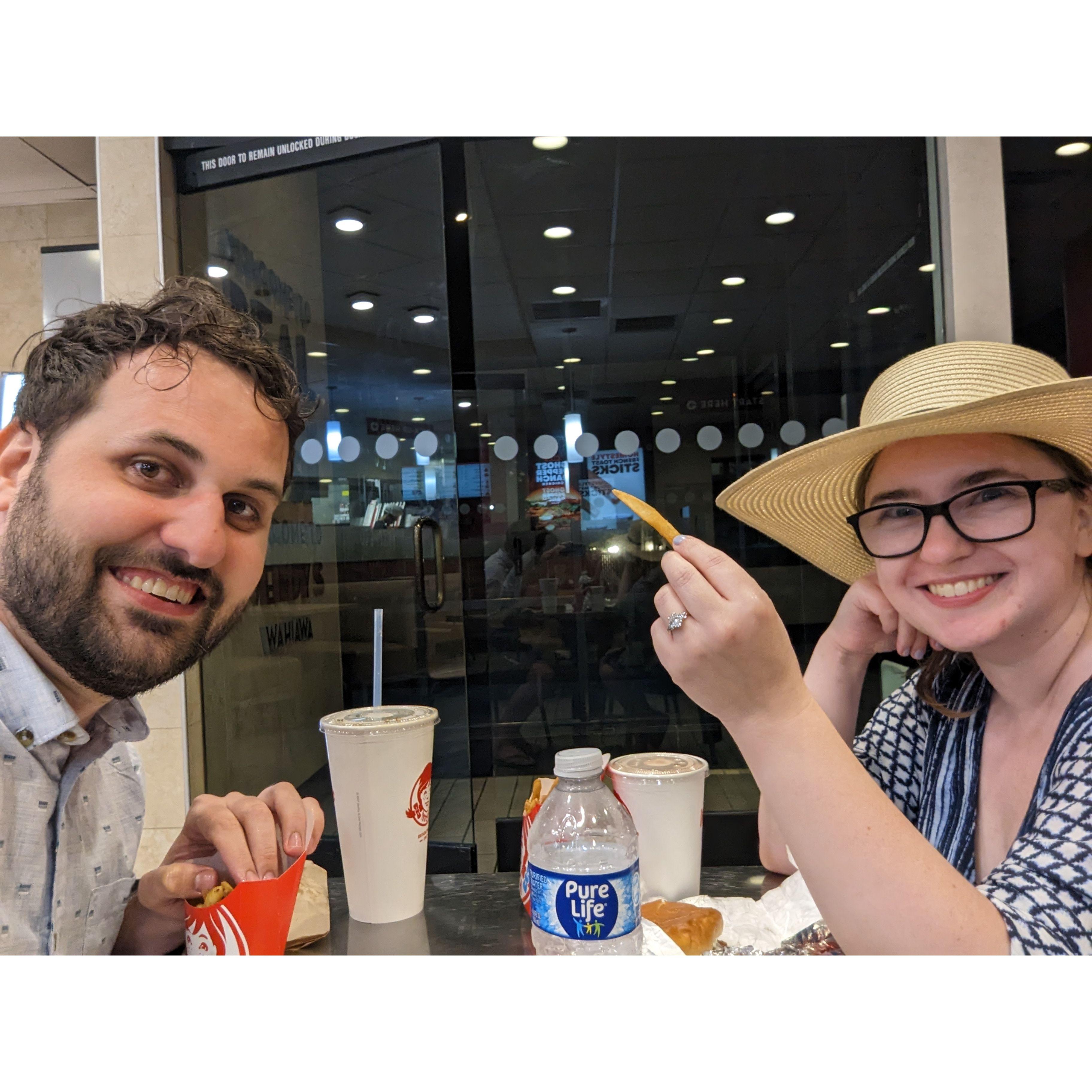 Our first dinner as an engaged couple was at Wendy's. The fry really accentuates the ring.