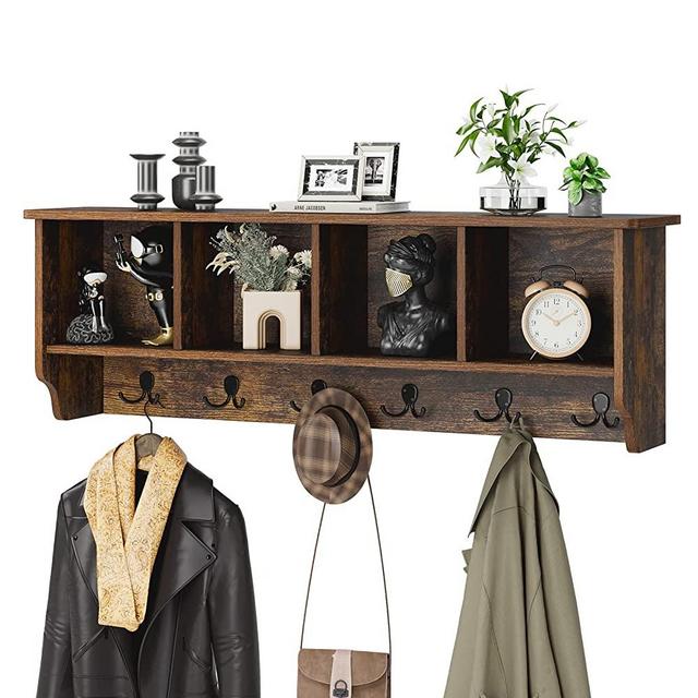 Wall-Mounted Coat Rack Storage Shelf with 6 Dual Hooks, 42.5" Wooden Entryway Hanging Shelf Floating Shelves for Living Room, Bathroom, Kitchen, Rustic Brown