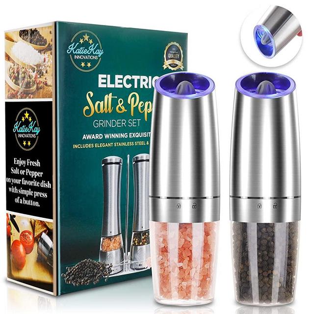 JOBKIM Gravity Electric Pepper Grinder set of 2, Automatic Salt and Pepper Mill Grinder, Battery Powered, Adjustable Roughness, Blue LED Light, Stainless Steel with One Hand Operation