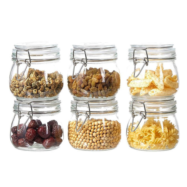 ODBCYWM 17oz Glass Food Storage Jars with Airtight Lids, Set of 6 – Clear Preserving Seal Wire Clip Fastening Canisters for Kitchen Canning, Flour, Cereal, Pasta, Sugar, Beans, Pickling Jars (17oz*6)