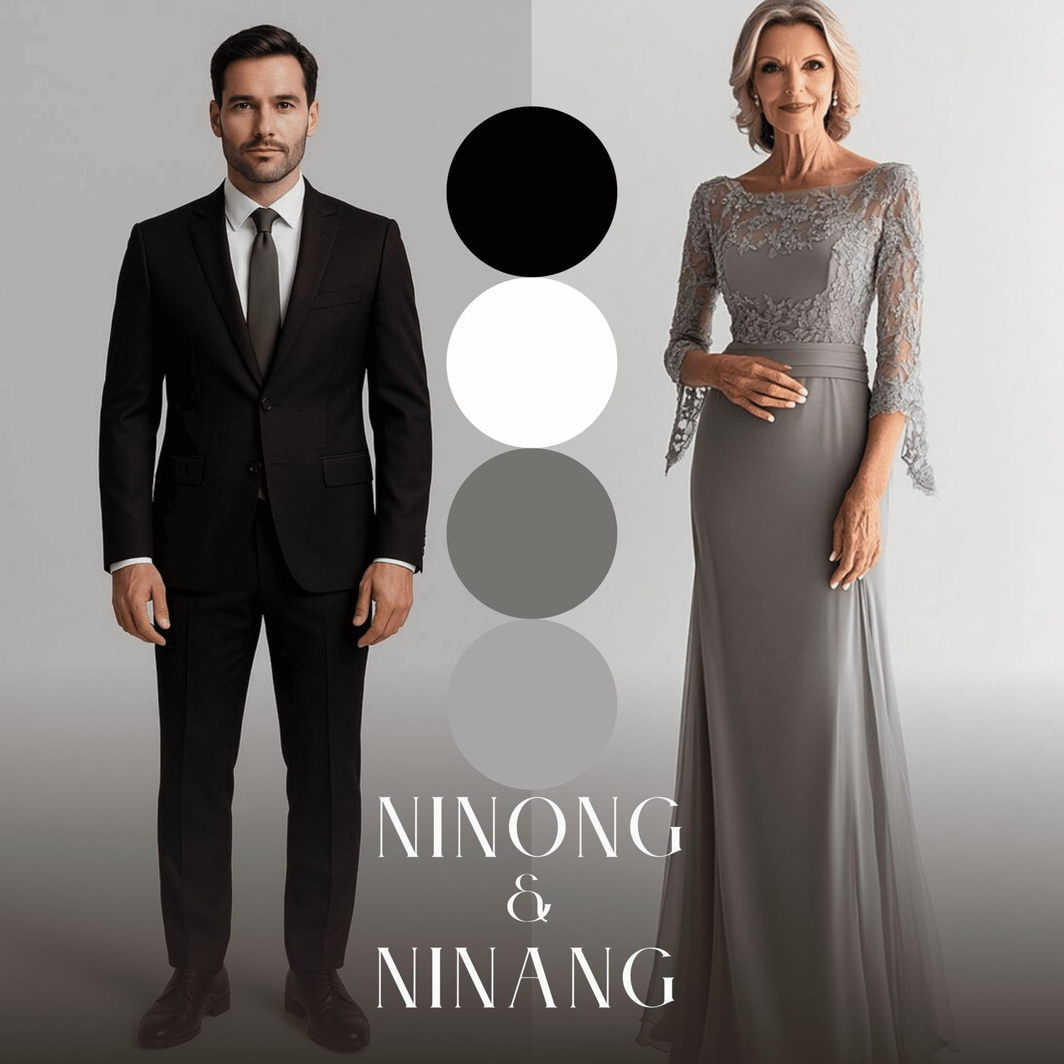 Ninong: Please wear a black suit with a white long-sleeved polo. A necktie will be provided before the wedding.
Ninang: A gray long gown of your choice would be perfect.