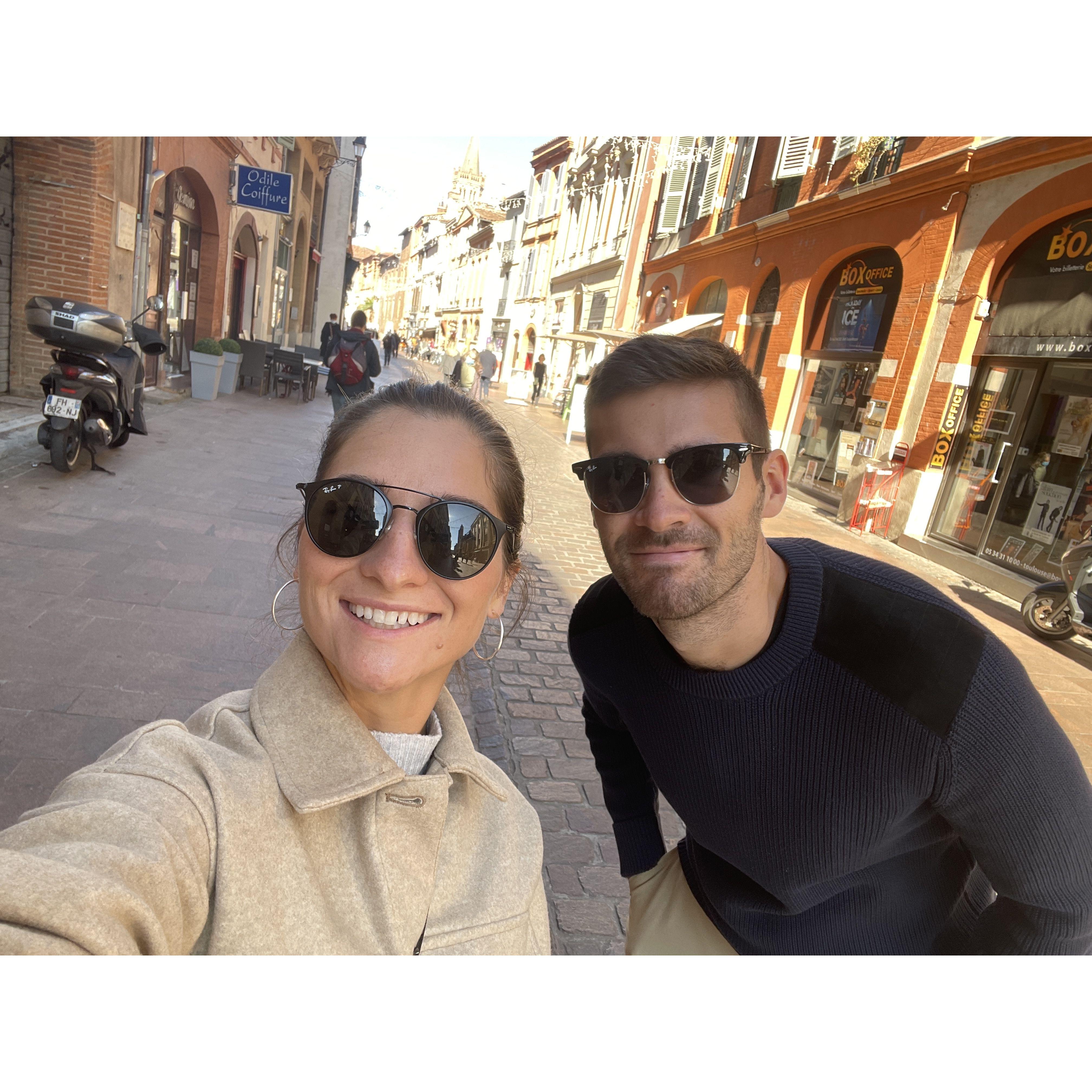 Selfie in the pink city, Toulouse, France during a visit to Camille's Aunt Carole and Uncle John's in fall 2021.