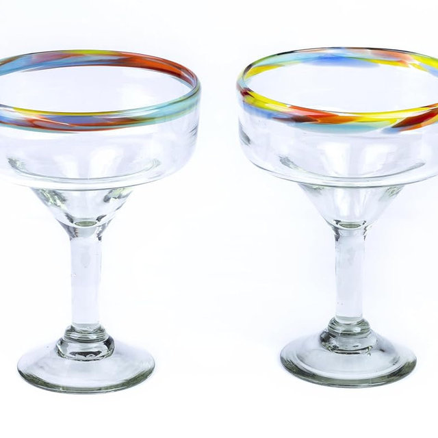 Handmade con Amor 16 oz Hand Blown Mexican Margarita Glasses Set of 2 - Multicolor Confetti Rim - MEXICAN GLASSWARE